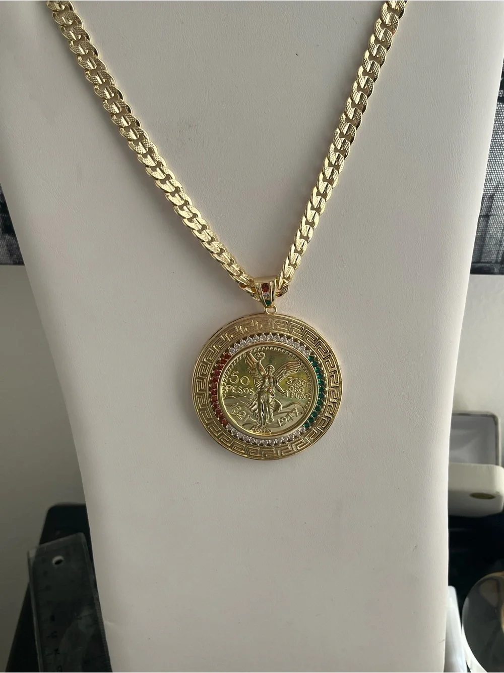 Gold-Tone 50 Pesos Medallion Necklace with Multicolor Stone Halo